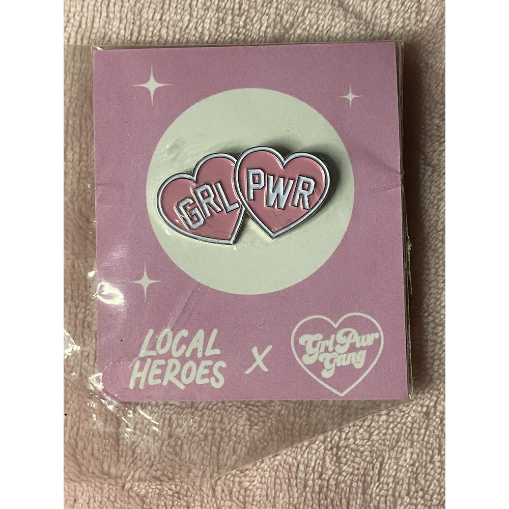 Girl Power Double Hearted GRL PWR Heart Lapel Pin Pink/ White Enamel Over Metal
